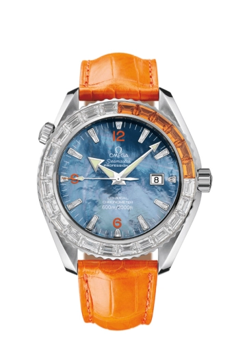 Omega Seamaster Planet Ocean 600M 45.5-2906.50.38 (Orange Alligator Leather Strap, Blue MOP Arabic/Index Dial, Baguette-cut Orange Sapphire/Diamond-set Bezel)