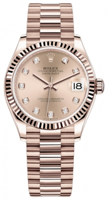 Rolex Datejust 31-278275 (Everose Gold President Bracelet, Gold Diamond-set Rosé Dial, Fluted Bezel)