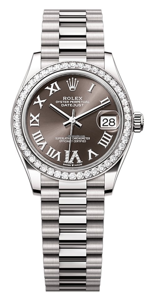 Rolex Datejust 31-278289RBR (White Gold President Bracelet, VI Diamond-set Dark-Grey Dial, Diamond Bezel)