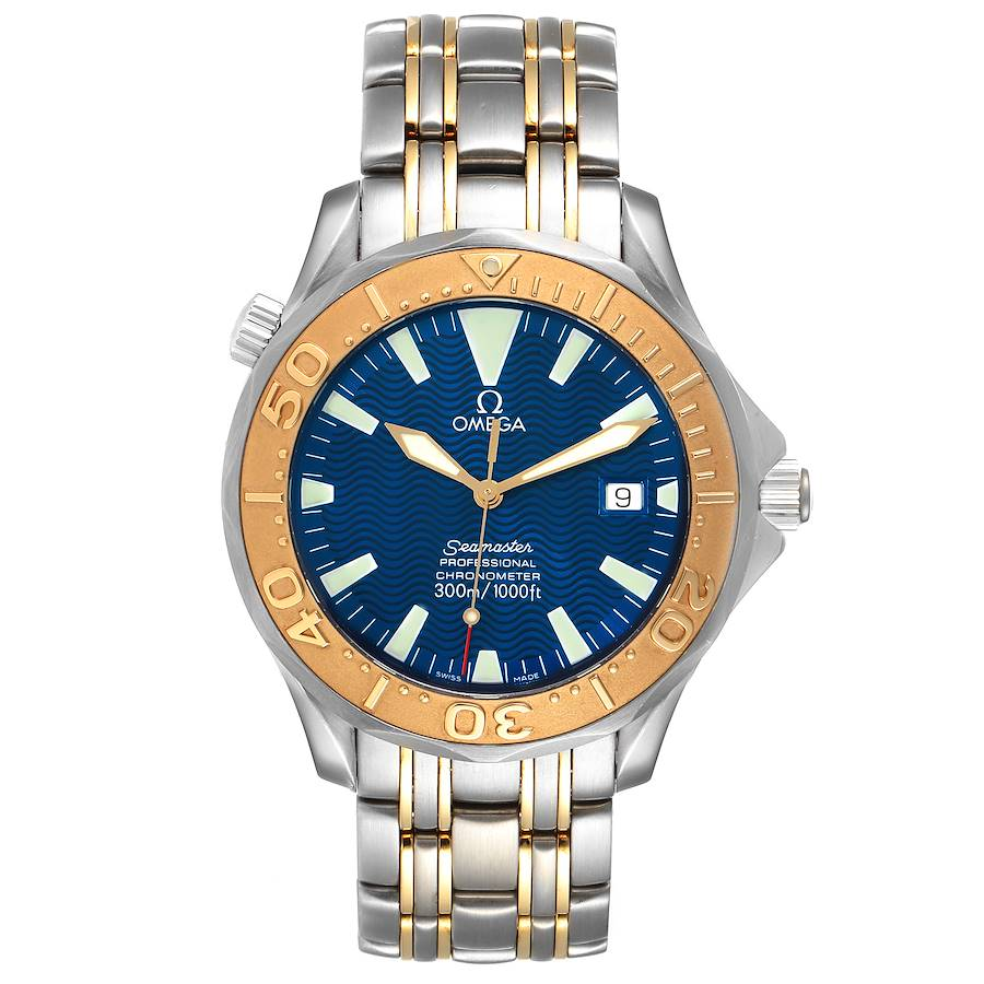 Omega Seamaster Diver 300M 41-2455.80.00 (Yellow Gold & Stainless Steel Bracelet, Wave-embossed Blue Index Dial, Rotating Yellow Gold Bezel)