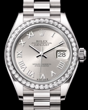 Rolex Lady-Datejust 28-279139RBR (White Gold President Bracelet, Silver Roman Dial, Diamond Bezel)