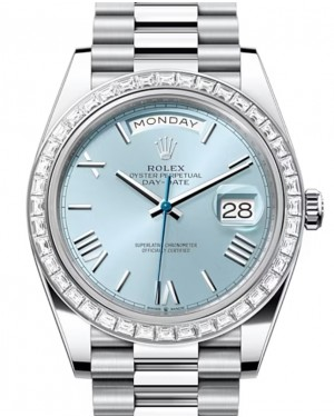 Rolex Day-Date 40-228396TBR (Platinum President Bracelet, Ice-blue Roman Dial, Diamond Bezel)