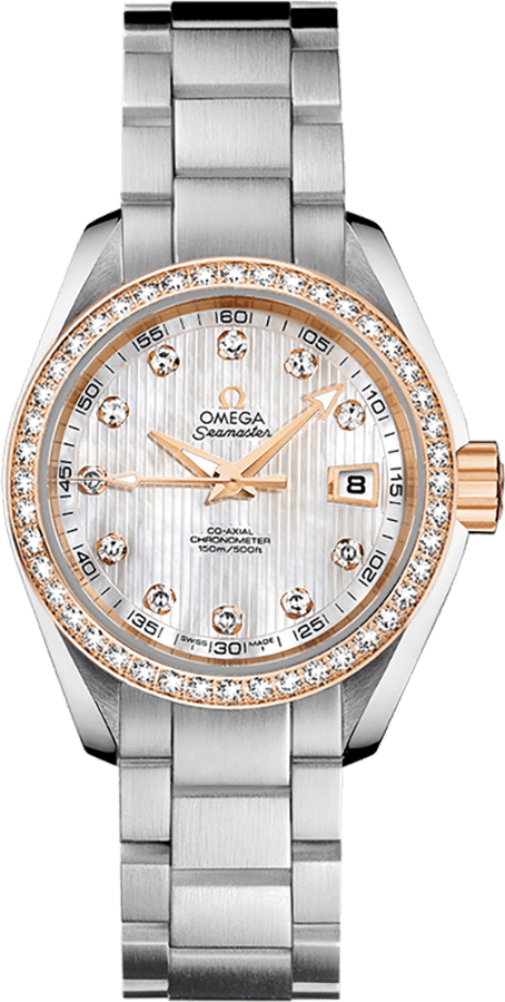 Omega Seamaster Aqua Terra 150M 30-231.25.30.20.55.003 (Stainless Steel Bracelet, Vertical-teak White MOP Diamond Index Dial, Red Gold Diamond-set Bezel)