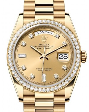 Rolex Day-Date 36-128348RBR (Yellow Gold President Bracelet, Gold Diamond-set Champagne Dial, Diamond Bezel)