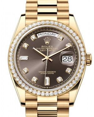 Rolex Day-Date 36-128348RBR (Yellow Gold President Bracelet, Gold Diamond-set Dark-grey Dial, Diamond Bezel)