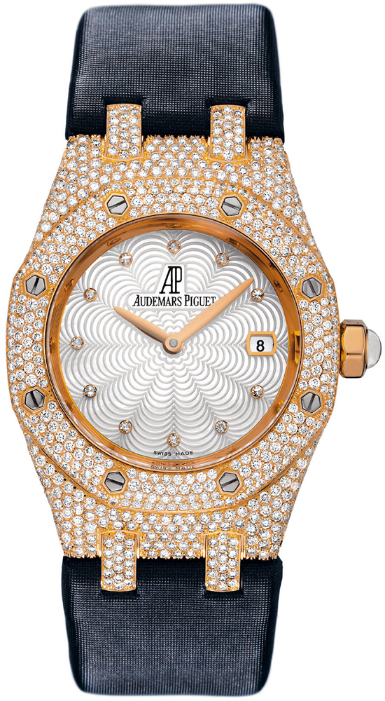 Audemars Piguet Royal Oak 33-67605OR.ZZ.D009SU.01 (Black Technological Silk Strap, Flinqué White MOP Diamond-set Index Dial, Diamond-paved Pink Gold Bezel)