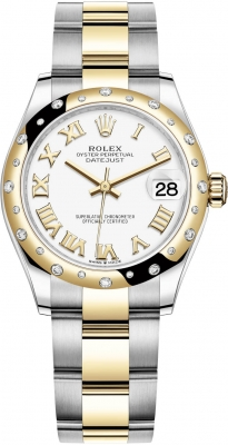Rolex Datejust 31-278343RBR (Yellow Rolesor Oyster Bracelet, White Roman Dial, Domed Diamond Bezel)