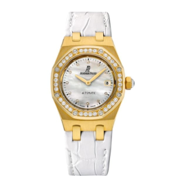 Audemars Piguet Royal Oak 33-77321BA.ZZ.D012CR.01 (White Alligator Leather Strap, White MOP Diamond-set Index Dial, Yellow Gold Diamond-set Bezel) (77321BA.ZZ.D012CR.01)