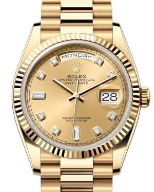 Rolex Day-Date 36-128238 (Yellow Gold President Bracelet, Gold Diamond-set Champagne Dial, Fluted Bezel)