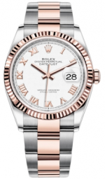 Rolex Datejust 36-126231 (Everose Rolesor Oyster Bracelet, White Roman Dial, Fluted Bezel)