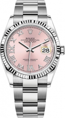Rolex Datejust 36-126234 (Oystersteel Oyster Bracelet, VI IX Gold Diamond-set Pink Dial, Fluted Bezel)