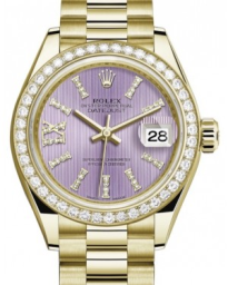 Rolex Lady-Datejust 28-279138RBR (Yellow Gold President Bracelet, Gold Diamond IX-set Lilac Index Dial, Diamond Bezel) (m279138rbr-0010)