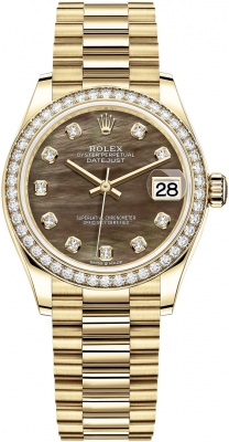 Rolex Datejust 31-278288RBR (Yellow Gold President Bracelet, Gold Diamond-set Black MOP Dial, Diamond Bezel)