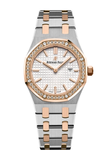 Audemars Piguet Royal Oak 33-67651SR.ZZ.1261SR.01 (Pink Gold & Stainless Steel Bracelet, Grande Tapisserie Silver-toned Index Dial, Diamond-set Pink Gold Bezel)