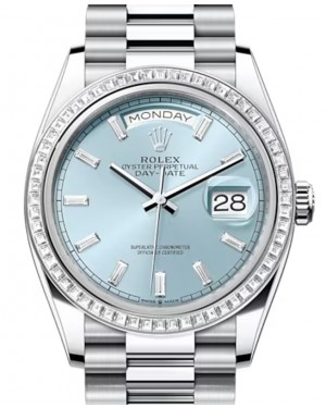 Rolex Day-Date 36-128396TBR (Platinum President Bracelet, Ice-blue Diamond-set Index Dial, Diamond Bezel)