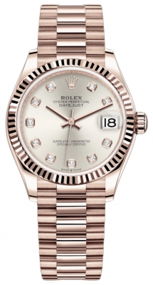Rolex Datejust 31-278275 (Everose Gold President Bracelet, Gold Diamond-set Silver Dial, Fluted Bezel)