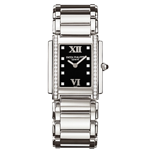 Patek Philippe Twenty~4 25.1x30-4910/10A-001 (Stainless Steel Bracelet, Diamond-set Forever-black Roman Dial, Diamond Bezel)