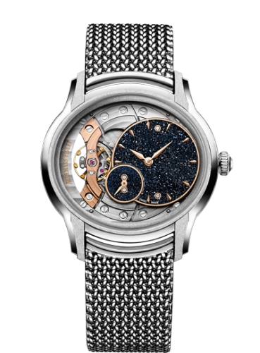 Audemars Piguet Millenary 39.5-77244BC.GG.1272BC.01 (White Gold Mesh Bracelet, Blue Aventurine Off-centred Index Disc Openworked Dial, Frosted White Gold Bezel)