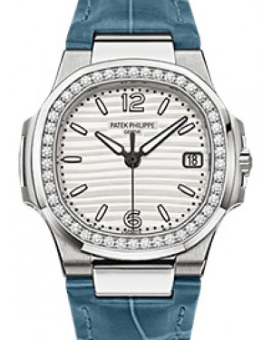 Patek Philippe Nautilus 32-7010G-011 (Shiny Blue-gray Alligator Leather Strap, Silvery-white Wave-motif Arabic/Index Dial, Diamond Bezel)