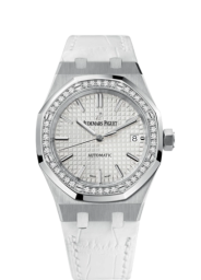 Audemars Piguet Royal Oak 37-15451ST.ZZ.D011CR.01 (White Alligator Leather Strap, Grande Tapisserie Silver-toned Index Dial, Stainless Steel Diamond-set Bezel) (15451ST.ZZ.D011CR.01)