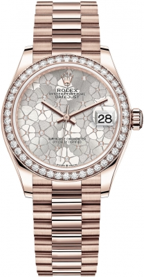 Rolex Datejust 31-278285RBR (Everose Gold President Bracelet, Gold Diamond-set Silver Floral Dial, Diamond Bezel)
