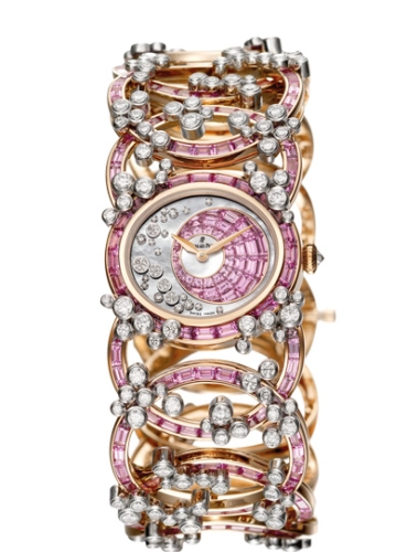 Audemars Piguet Millenary 28-79385OR.ZF.9187RC.01 (Oval-shaped Rings Diamond/Sapphire-set Pink Gold Bracelet, Baguette-cut Sapphire-paved Off-centred Disc White MOP Dial, Baguette-cut Sapphire/Diamond-set Bezel)