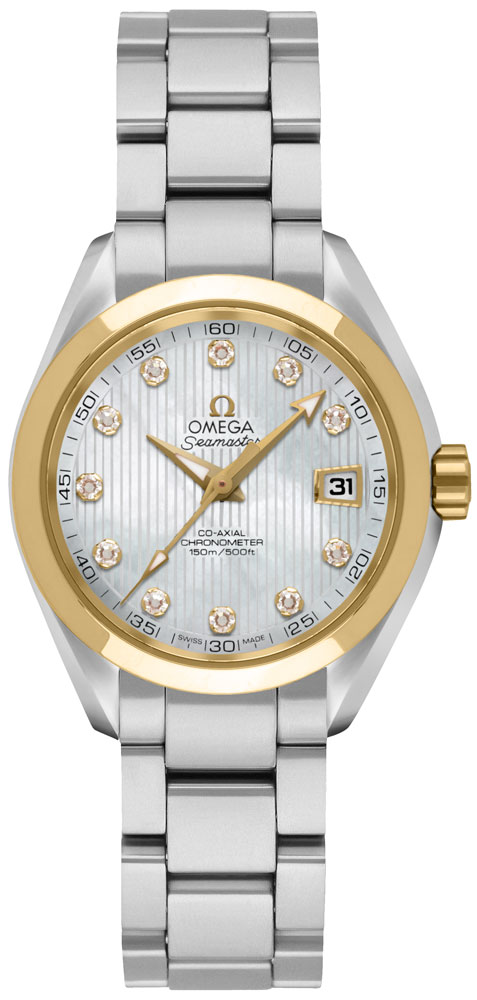Omega Seamaster Aqua Terra 150M 30-231.20.30.20.55.004 (Stainless Steel Bracelet, Vertical-teak White MOP Diamond Index Dial, Yellow Gold Bezel)