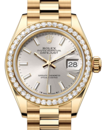 Rolex Lady-Datejust 28-279138RBR (Yellow Gold President Bracelet, Silver Index Dial, Diamond Bezel) (m279138rbr-0005)