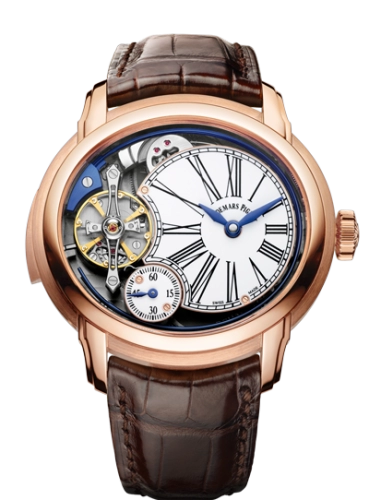 Audemars Piguet Millenary 47-26371OR.OO.D803CR.01 (Brown Alligator Leather Strap, Off-centred Gold White Roman Openworked Dial, Pink Gold Smooth Bezel)