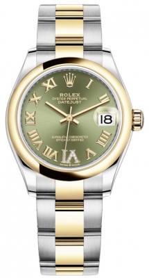 Rolex Datejust 31-278243 (Yellow Rolesor Oyster Bracelet, VI Diamond-set Olive-green Dial, Domed Bezel)