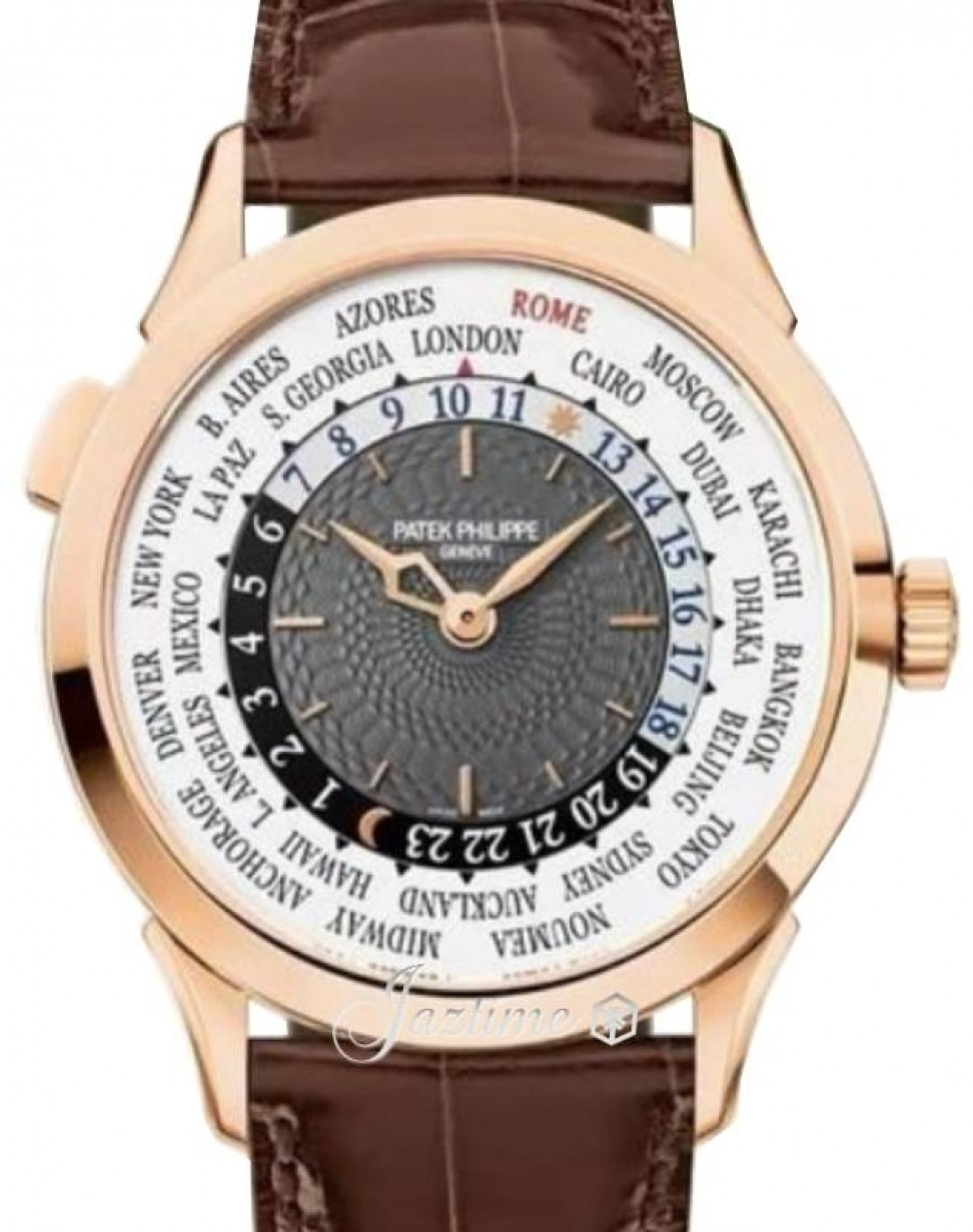 Patek Philippe Complications 38.5-5230R-013 (Shiny-brown Alligator Leather Strap, Rome Edition Guilloched Charcoal-grey Index Dial, Rose Gold Smooth Bezel)
