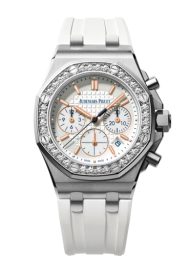 Audemars Piguet Royal Oak Offshore 37-26144ST.ZZ.D010CA.01 (White Rubber Strap, Lady Tapisserie Silver-toned Index Dial, Stainless Steel Diamond-set Bezel) (26144ST.ZZ.D010CA.01)