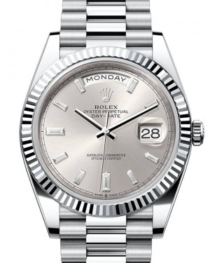 Rolex Day-Date 40-228236 (Platinum President Bracelet, Silver Diamond-set Index Dial, Fluted Bezel)