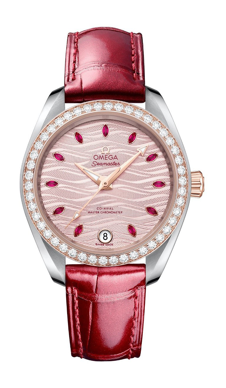 Omega Seamaster Aqua Terra 150M 34-220.28.34.20.60.001 (Shimmering-red Alligator Leather Strap, Wave-embossed Pale-pink Index Dial, Sedna Gold Diamond-set Bezel)