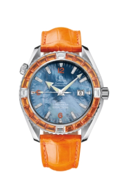 Omega Seamaster Planet Ocean 600M 45.5-2903.50.38 (Orange Alligator Leather Strap, Blue MOP Arabic/Index Dial, Baguette-cut Orange Sapphire/Diamond-set Bezel) (Omega 2903.50.38)