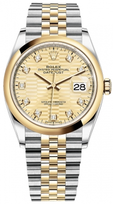 Rolex Datejust 36-126203 (Yellow Rolesor Jubilee Bracelet, Gold Diamond-set Golden Fluted Dial, Domed Bezel)