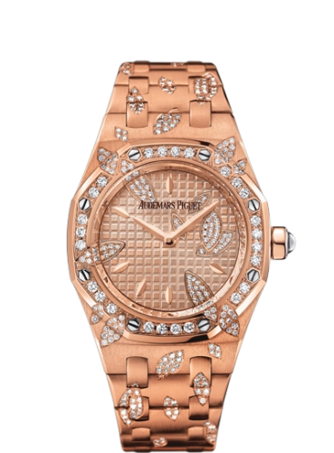 Audemars Piguet Royal Oak 33-67616OR.ZZ.1234OR.01 (Diamond-set Pink Gold Bracelet, Grande Tapisserie Leaves Pink Gold-toned Index Dial, Pink Gold Diamond-set Bezel)