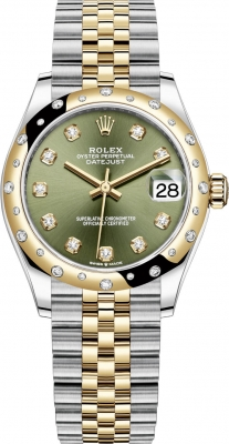 Rolex Datejust 31-278343RBR (Yellow Rolesor Jubilee Bracelet, Gold Diamond-set Olive-green Dial, Domed Diamond Bezel)