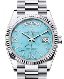 Rolex Day-date 36-128236 (Platinum President Bracelet, VI IX Gold Diamond-set Turquoise Dial, Fluted Bezel) (m128236-0011)