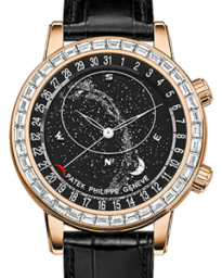 Patek Philippe Grand Complications 44-6104R-001 (Shiny-black Alligator Leather Strap, Black Sky Chart & Milky Way Disk Dial, Baguette-cut Diamond Bezel) (6104R-001)