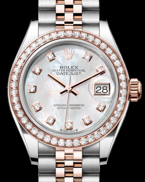 Rolex Lady-Datejust 28-279381RBR (Everose Rolesor Jubilee Bracelet, Gold Diamond-set White MOP Dial, Diamond Bezel)