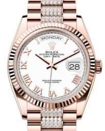 Rolex Day-Date 36-128235 (Everose Gold Diamond-set President Bracelet, White Roman Dial, Fluted Bezel) (m128235-0053)