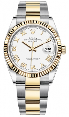 Rolex Datejust 36-126233 (Yellow Rolesor Oyster Bracelet, White Roman Dial, Fluted Bezel)