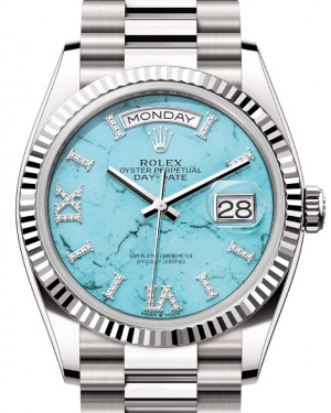 Rolex Day-Date 36-128239 (White Gold President Bracelet, VI IX Gold Diamond-set Turquoise Dial, Fluted Bezel)