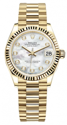Rolex Datejust 31-278278 (Yellow Gold President Bracelet, Gold Diamond-set White MOP Dial, Fluted Bezel)