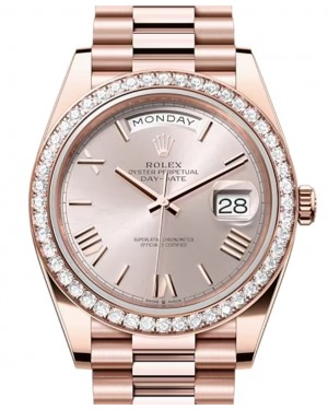 Rolex Day-Date 40-228345RBR (Everose Gold President Bracelet, Sundust Roman Dial, Diamond Bezel)