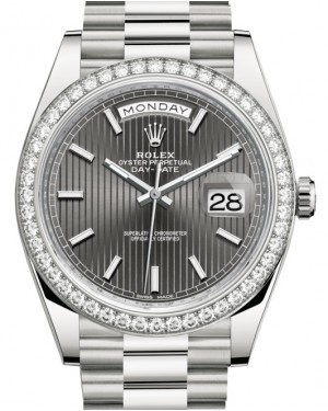 Rolex Day-Date 40-228349RBR (White Gold President Bracelet, Slate Stripe Index Dial, Diamond Bezel)