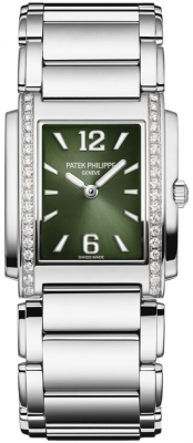 Patek Philippe Twenty~4 25.1x30-4910/1200A-011 (Stainless Steel Bracelet, Olive-green Sunburst Arabic/Index Dial, Diamond Bezel)