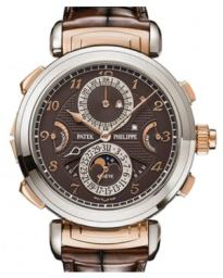 Patek Philippe Grand Complications 47.7-6300GR-001 (Patinated Dark-chestnut Alligator Leather Strap, Brown Opaline Double-sided Arabic Dial, White Gold Smooth Bezel) (6300GR-001)