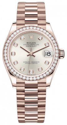 Rolex Datejust 31-278285RBR (Everose Gold President Bracelet, Gold Diamond-set Silver Dial, Diamond Bezel)